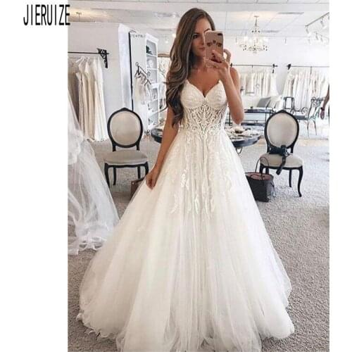 JIERUIZE Modest Boho Tulle Wedding Dress Spaghetti Straps With Appliques A Line Bridal Dresses Lace Up robes de mariée