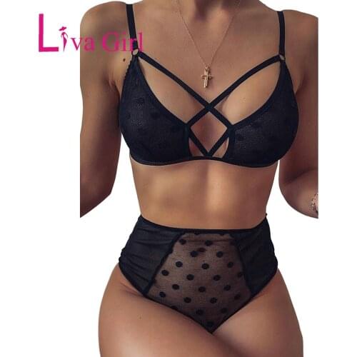 LIVA GIRL Woman Polka Dot Lace Mesh Sexy Bralette Set Black Female Bra Top and High Rise Panties Female Lingerie Set Underwear