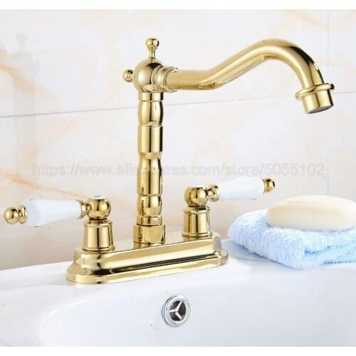 Gold Color Brass Two Hole Bathroom faucet Dual Handle Vessel Sink Mixer Tap Hot and cold Deck Mounted znf431