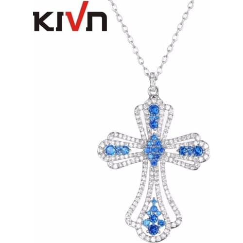 KIVN Fashion Jewelry Delicate Pave Royal Blue CZ Cubic Zirconia Women Girls Cross Pendants Necklaces Promotion Birthday gifts