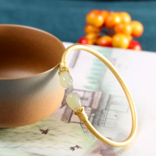 Fashion Trend S925 Sterling Silver Ornament Gold-Plated Hetian Jade Ladies' Bracelet Opening
