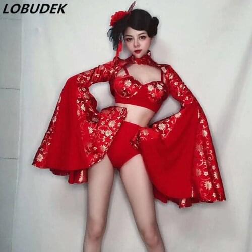 Nightclub Bar DJ Women Chinese Style Red Big Sleeves Bikini Costume Singer Leading Dancer Sexy Stage Wear Performance Clothes