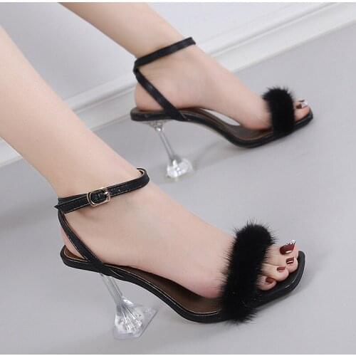 Newly Woman shoes Transparent Crystal High heels Woman Feather Fur Sandals Pumps Women Peep toe Mules Lady cute plush Sandals