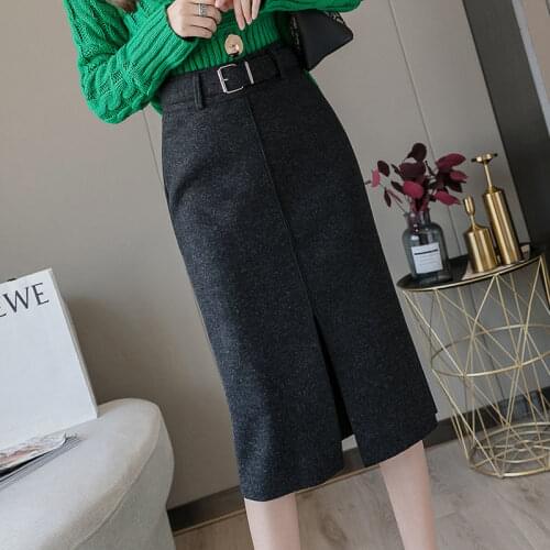 Fall/Winter 2020 Woolen Skirt Womens Split Straight Skirt Belt Long Woman Skirts Mujer Faldas Saias Mulher