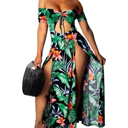 Sexy Womens Long Dress Maxi Dress Cold Shoulder V Neck Flower Print Bohemian Sundress Off Shoulder Hollow Hole Beach Party Dress
