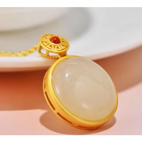 S925 Sterling Silver Pendant Natural White Jade Round Necklace Pendant