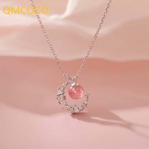QMCOCO 925 Silver Elegant Chain Necklace Fashion Strawberry Crystal Moon Shape For Woman Neck Jewelry Accessories