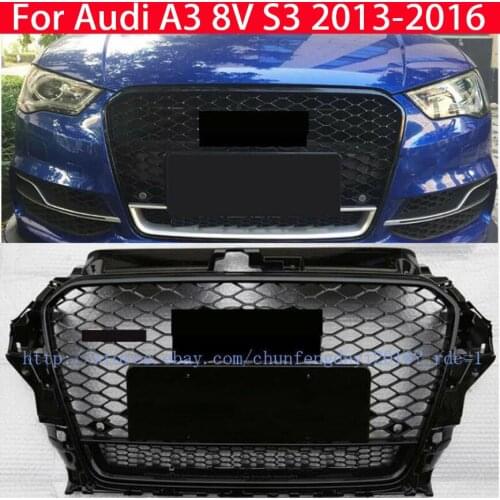 Honeycomb grid mesh gloss black for audi a3 / s3 8v 2014 2015 2016 rs3 style mesh front bumper grille cover