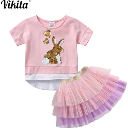 VIKITA Toddlers Kids Baby Girls Clothes Sets Cotton T-shirt Tops and Tutu Skirt 2PCS Outfits Clothing Set Suit Children Clothing