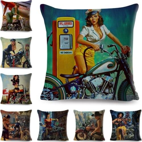 Vintage Sexy Motorcycle Lady Pillow Case Decor Oil painting Cartoon Women Cushion Cover for Sofa Car Polyester Pillowcase 45x45