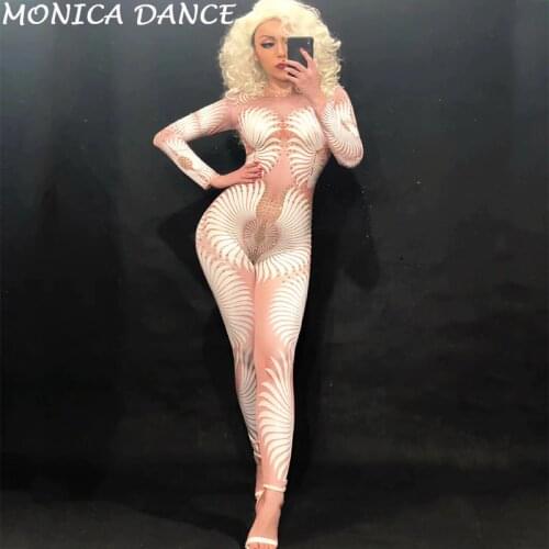 Women Sexy Stage White Flower Jumpsuit Color Sparkling Crystals Nightclub Party Bodysuit Stage Wear Dancer Singer Clothes