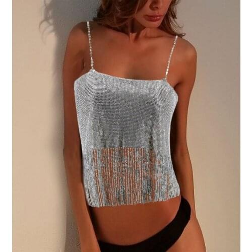 2019 Newest Fashion Sexy Women tops Tassel Metal Sequins Black Silver Gold Evening Club Tank Camis shiny Summer Tees