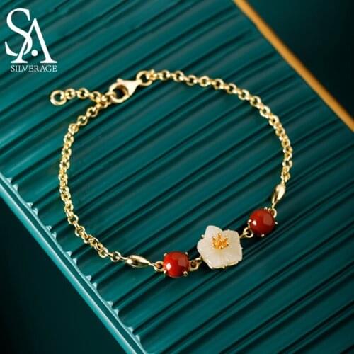 SA SILVERAGE Luxury Tanabata Red Bracelet Summer 2021 Camellia Bracelet Natural Hetian Jade Camellia Bracelet Female S925 Silver