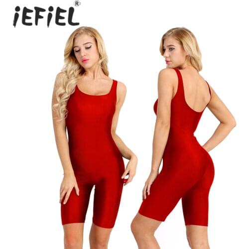 Women Adult Sleeveless Bodysuit Stretch Knee Length Leotard Tank Bodysuit Sports Active Unitard Jumpsuit Playsuit Dancewear