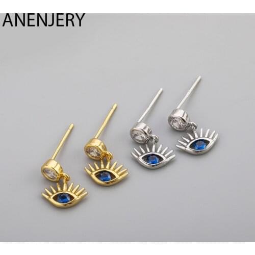 ANENJERY 925 Sterling Silver Blue Eye Pendant Hoop Earrings for Women Hot Gold Silver Color Party Jewelry Gift Brincos S-E1433