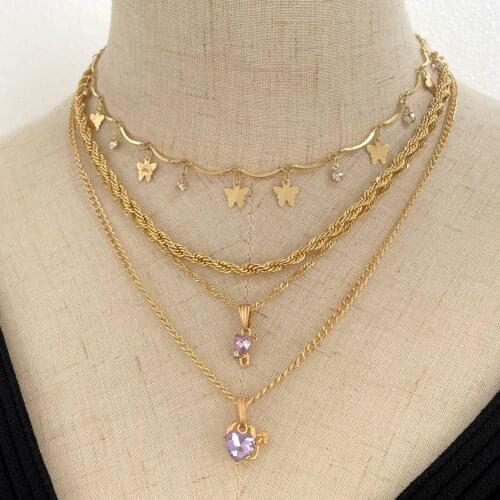 Flatfoosie Shiny Crystal Heart Butterfly Pendant Necklace For Women Multi-layer Gold Metal Twisted Chain Necklace Trendy Jewelry