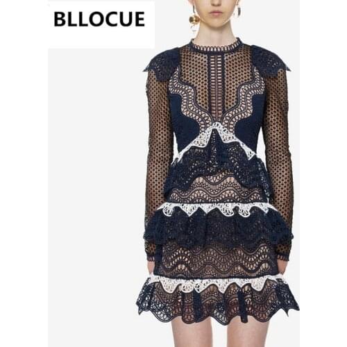 BLLOCUE High Quality Self Portrait Womens Runway Dress 2020 Autumn High Waist Ruffles Lace Patchwork Embroidery Cake Dress