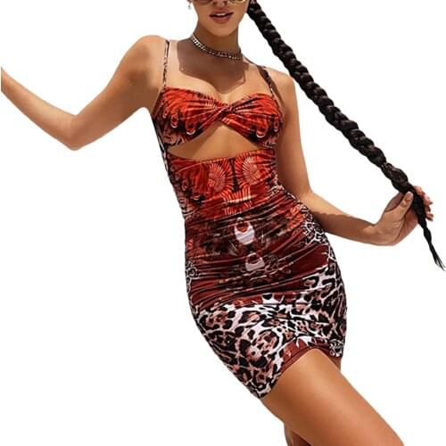 Women Close-fitting Slip Dress, Leopard Printed Pattern Sleeveless V-neck , S/ M/ L