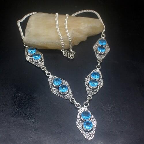 Antique Magic Shiny BlueTopaz Silver Color Women Pendant Necklace Chain 21 Inch HD676