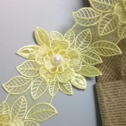 2 Yards Yellow Pearl Flower Leaf Handmade Beaded Embroidered Lace Trim Ribbon Applique Wedding Dress Sewing Craft DIY Hot