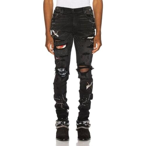 2021 New Fashion Streetwear Destroyed Ripped Jeans Men Elastic Punk Pants Paint Embroidery Designer Hip Hop Skinny Jeans Homme