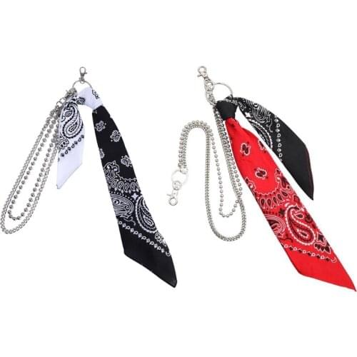 Hip Hop Paisley Biker Bandana with Double Layer Waist Metal Wallet Chain Contrast Color Headscarf Keychain Pants Belt