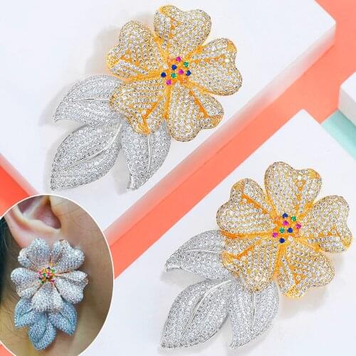 Brand Luxury Big Blooming Flower Earrings for Bridal Noble Wedding Engagement Jewelry women Cubic Zirconia Accessaries