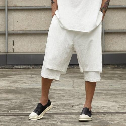Wind wide-leg pants dark male summer cotton and linen harem cropped pants thin loose casual white shorts tide