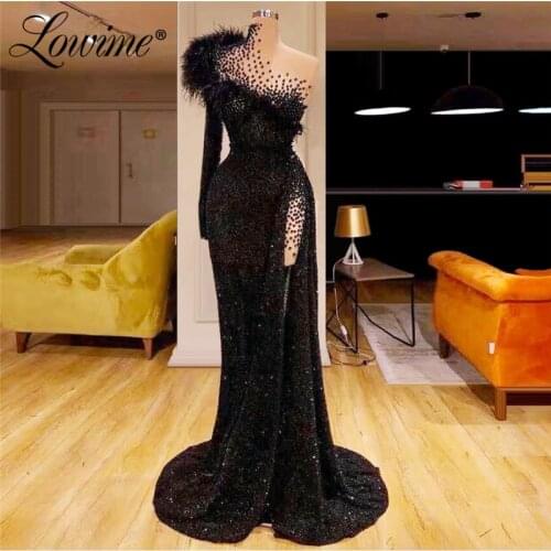Black One Shoulder Glitter Party Dress Feather Long Prom Dresses 2020 New Arrival Saudi Arabic Formal Kaftans Evening Gowns