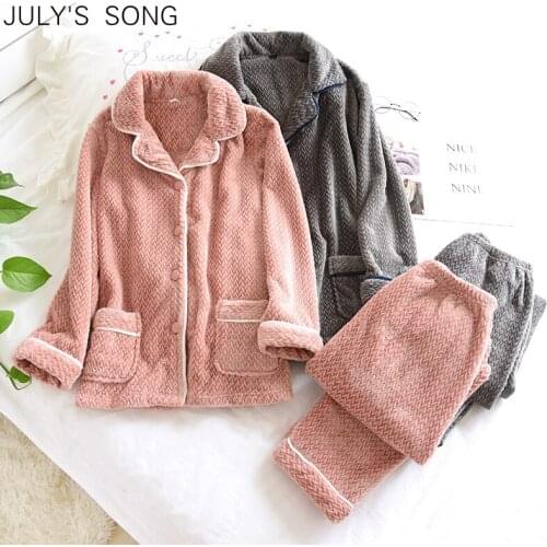 JULYS SONG Winter Thick Flannel Pajamas Set Couple 2 Pieces Female Lapel Sleepwear Woman Men Gray Pink Casual Cute For Male