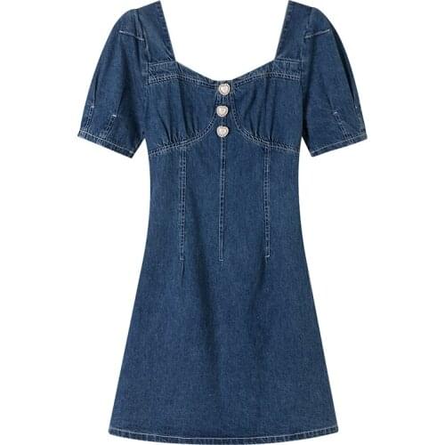 PERHAPS U Women Slash Neck Short Sleeve Puff Sleeve A Line Mini Dress Summer Beach Female Denim Blue Button D1940