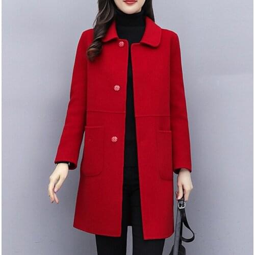 Fashion Blended Woolen Coat Womens Coat 2021 Autumn Winter Christmas Red Single-breasted Red Slim Wool Jacket Outwear Plus Size