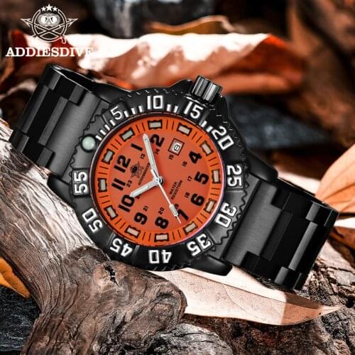 ADDIES New Orange Dial Sports Luminous Mens Watch Top Brand Luxury All-steel Quartz Clock Waterproof Date Diving Watch Men 050s
