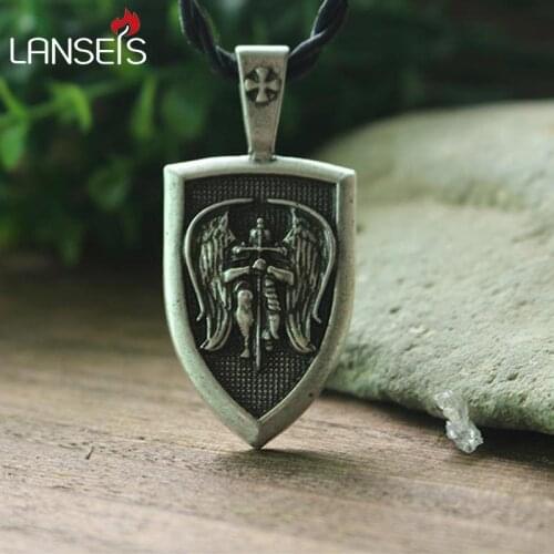 Lanseis 1pcs men necklace Archangel St.Michael Protect Me Saint Shield Protection pendant jewelry