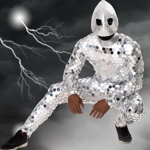 K79 Silver mirror costume robot men suit stage wears outfit club performance jumpsuit dance ballroom clothe male model show ktv