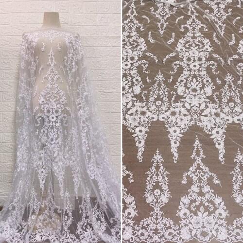 NO.225 Pure White Clear Sequins Fashion Bridal Wedding Dress Gown Tulle Embroidery Lace Fabric Sell by Yard