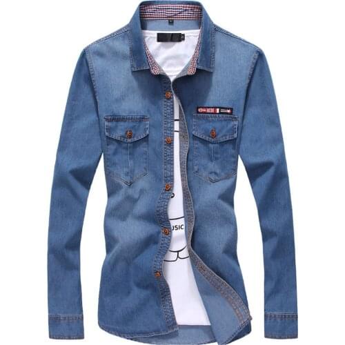 New Cotton Denim Shirt Mens Jeans Casual Shirt Fall Fashion Long Sleeve Suitable Denim Shirt Wash Suitable Asian Shirt Size 5XL