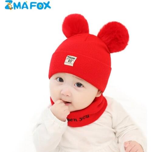 ZMAFOX Beanie Hat For Newborn Baby Boy Girl Head Neck Warmer Thermal Beanies Cap 2 Pompoms Toddlers Infant Hats Scarf Suit 0-12M