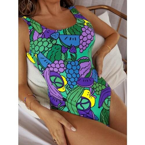 Peachtan Backless one piece swimsuit womens swimming suit Fruit print swimwear women Sports bathing suit Vintage monokini sexy