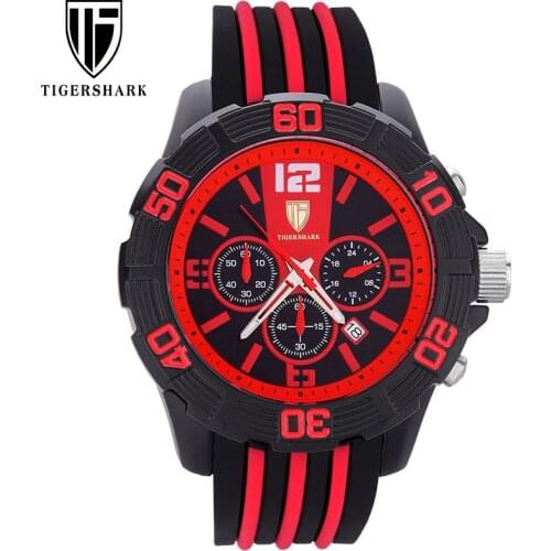 TIGERSHARK Quartz Watches Chronograph Men Sport Watch Automatic Date 30M Waterproof Red Color Watch With Box Relogio Masculino