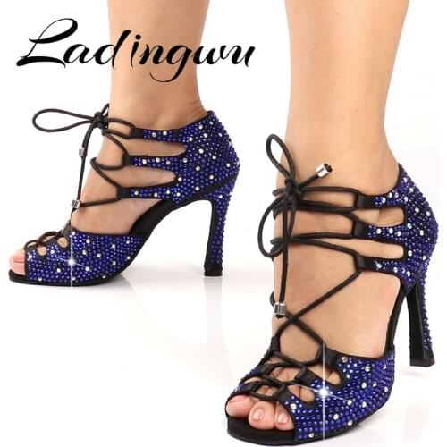 Ladingwu European Salsa Ballroom Latin Dance Shoes For Dancing Women Social Sexy Blue Rhinestones High Heels Summer Dance Sandal