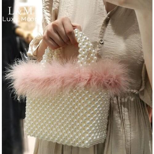 Pear Box Top Handbag Women Faux Fur Sweet Beaded Bag Luxury Wedding Party Bags Female Ladies Mini Handmade Bucket Tote XA868H