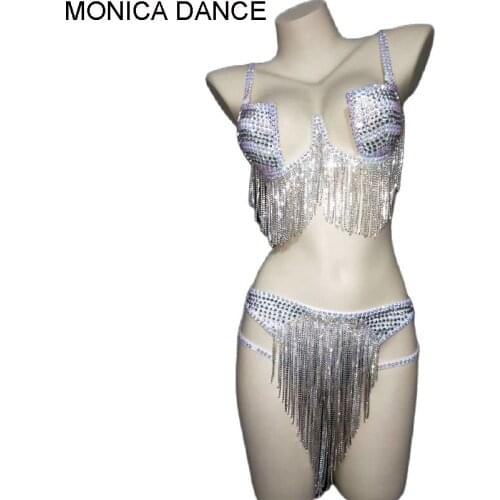Women Silver Crystals Chains Bikini Costume Bling Stage Dancewear Shining Rhinestone Bikini Tassel Sexy Party Bra Short Set