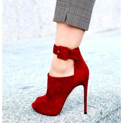 Moraima Snc Wine Red Suede Peep Toe Booties Stiletto Heel Cut Out Boots Sexy Thin Heels Ankle Boots for Woman Buckle Strap Shoes
