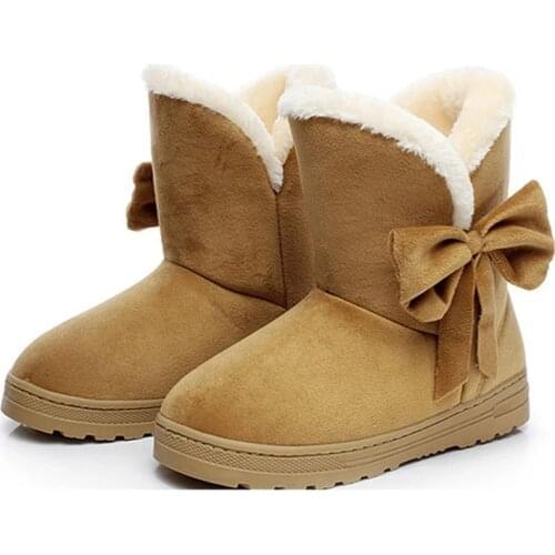 Women Snow Boots Winter Shoes Warm Casual Fur Ankle Female Bowtie Non Slip Plush Suede Rubber Flat Slip on Fashion Ladies