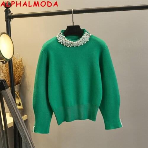 ALPHALMODA New Pearl Collar Pullover Long-sleeved Sweater Womens Autumn Winter Solid Sweet Jumper Knitted Bottom Sweater