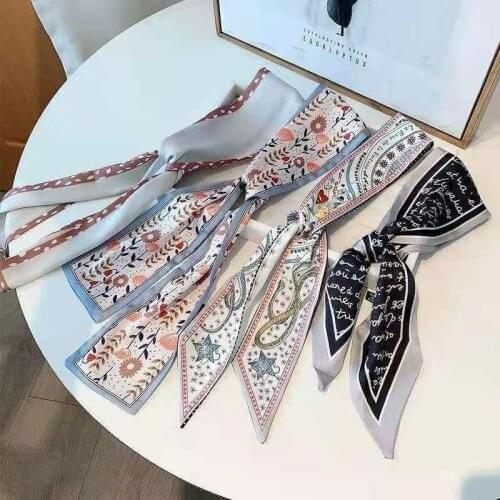 Fashion Women Ribbon Hair Silk Scarf Elegant Long Ribbon Woman Hair Scarver Bag Accessories Girls Bow Knot Print Long Hair Band