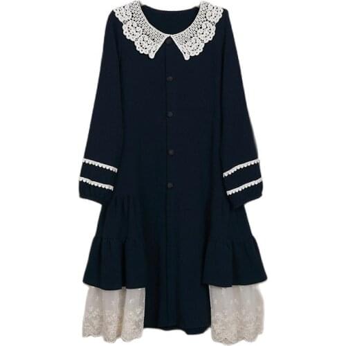 Japanese mori girl lolita sweet retro Embroidery Patchwork lace ruffle women autumn dress