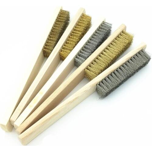 2 pcs Remove Rust Brushes Wood Handle Brass Wire Copper Brush Stainless Steel for Industrial Devices Polishing Grinding Cleaning