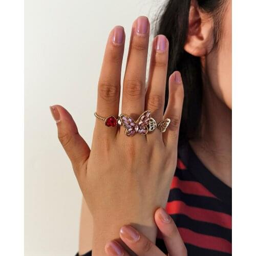 3Pcs/Set Rhinestone Metal Butterfly Ring Women 2021 Fashion Romantic Crystal Heart Rings Golden Girl Jewelry Party Gift